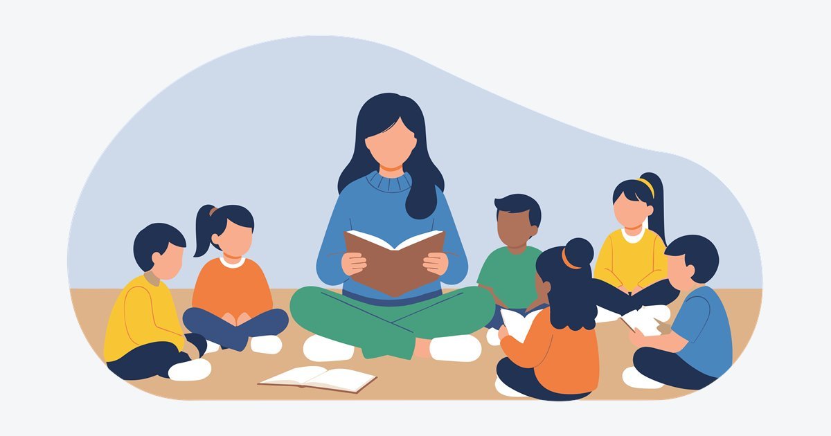 Cover of the EdBetter pilot data findings white paper, an illustration of a teacher reading to a circle of children